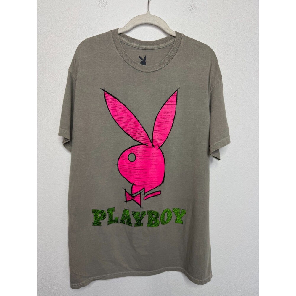Playboy Large Graphic T-Shirt Gray Pink Oversized Crewneck Short Sleeve NWOT